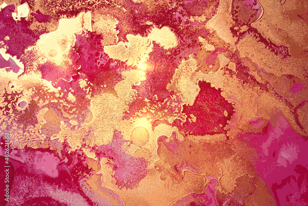 Gold, fuchsia and pink abstract alcohol ink marble texture. Vector
