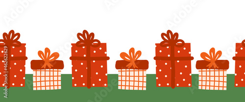 Gift boxes seamless vector border. Repeating pattern with colorful wrapped presents red white. Gift box with bows design Scandinavian style. For birthdays, celebrations, Christmas, footer, cards.