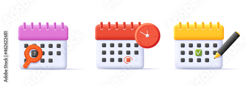 set of 3d calendar icons with magnifying glass, clock and pen in different colors