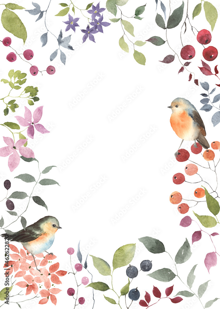 Card with flowers, berries, leaves and cute birds, watercolor colorful illustration isolated on white background, floral frame for your greeting or invitation, banner, poster or cover, wildlife garden