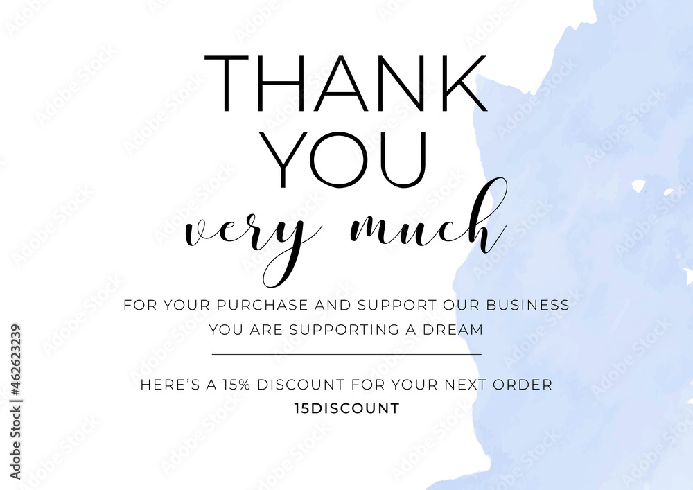 Thank you for your order, printable vector illustration. Business thank you customer card, creative graphic design template. Soft watercolor background, calligraphy script text, business card.
