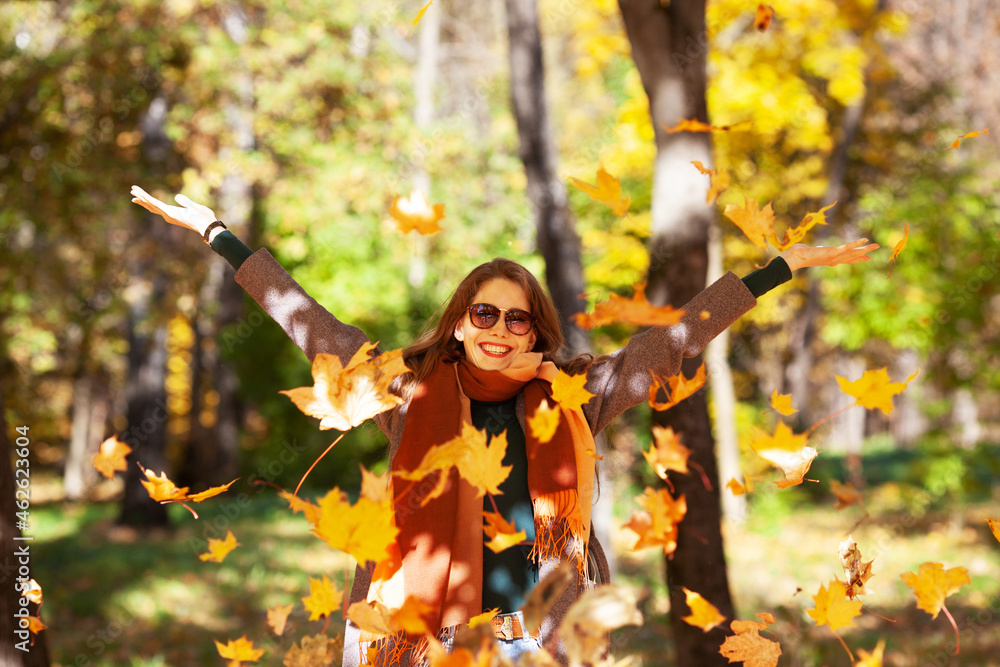 Obraz na plátně Joyful young woman throws maple leaves on a sunny day