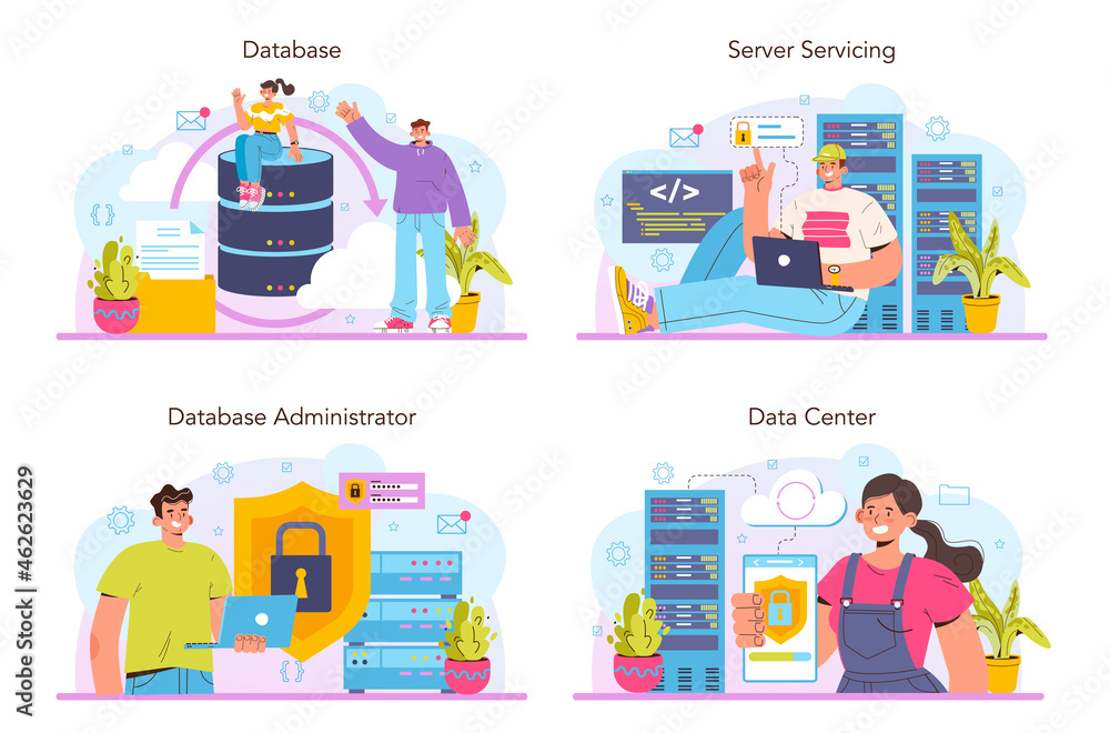Data base administrator concept set. Manager working at data center.
