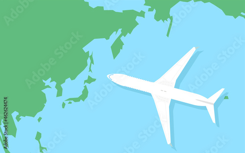 シンプルな日本周辺の世界地図と飛行機の模型