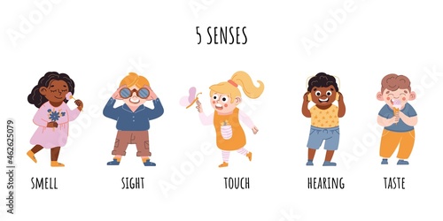 Children five senses consept. Sense of sight, touch, hearing, smell, taste vector illustration.