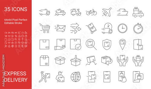 Icon set of express delivery. Editable vector stroke. Pixel perfect.
