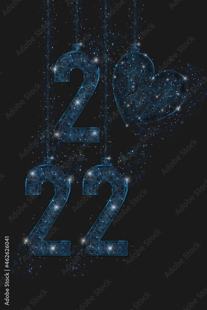 Abstract isolated blue image of new year number 2022. Polygonal low poly wireframe illustration looks like stars in the blask night sky in spase or flying glass shards. Digital web, internet design.