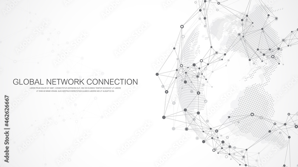 Global network connection concept. Social network communication in the global business. Big data visualization. Internet technology. Vector illustration. - obrazy, fototapety, plakaty 
