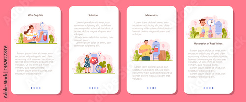 Wine production mobile application banner set. Grape wine in a bottle or glass