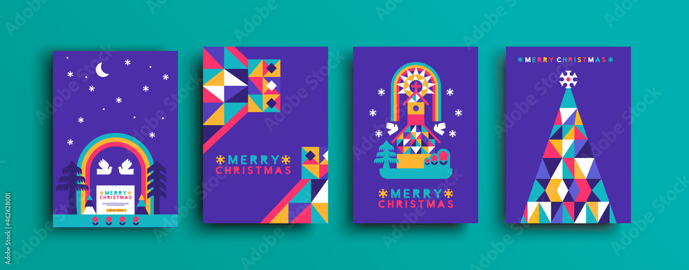 Merry Christmas colorful folk forest church set - obrazy, fototapety, plakaty 