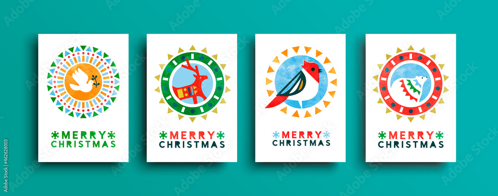 Merry Christmas folk watercolor animal card set