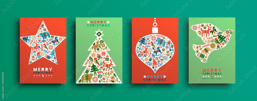 Christmas New Year folk animal icon card set - obrazy, fototapety, plakaty 