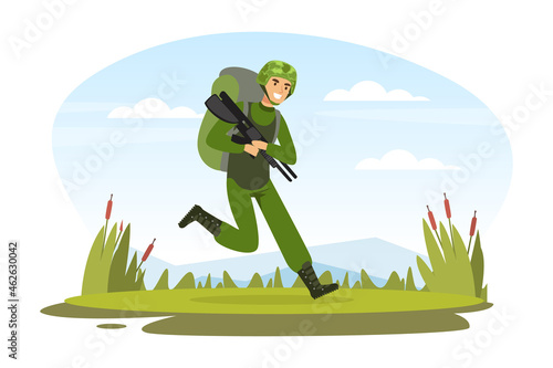 Man as Military Special Force in Uniform and Rifle Running with Rucksack Vector Illustration