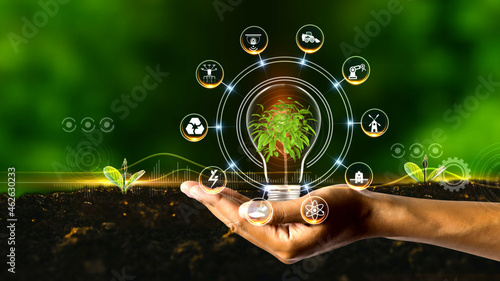Smart Farming Concept.
Green environment with Center and spoke Concept ,Plant on center and rotating Icons