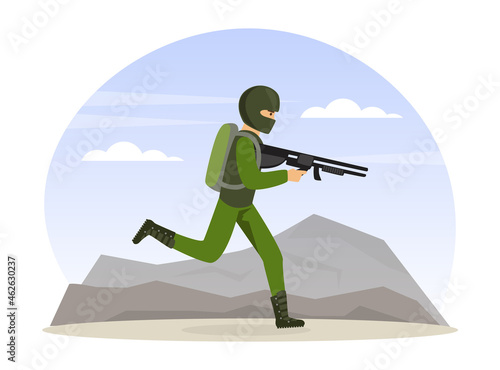 Man as Military Special Force in Uniform Running with Rifle Vector Illustration
