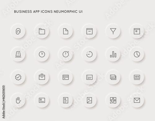 Neuromorphic Business User Interface (UI) Vector Icon Set. High Quality Minimal Lined Icons. Neuromorphism.