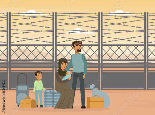 Refugee and Asylum Seeker with Displaced Young Family Needed Help and Home Vector Illustration