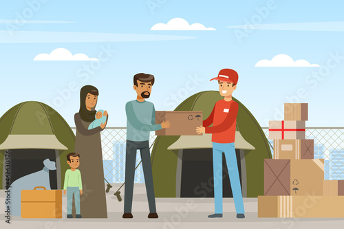 Refugee and Asylum Seeker Getting Humanitarian Aid from Volunteer Vector Illustration