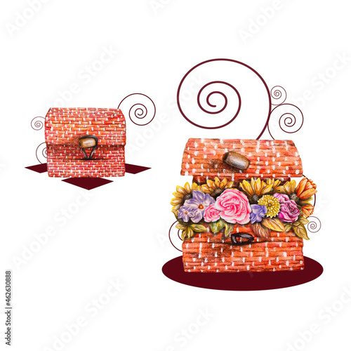 sfondo con due box rosse di cui una contenente fiori di ogni tipo colorati, disegnati a mano e forme a spirale photo