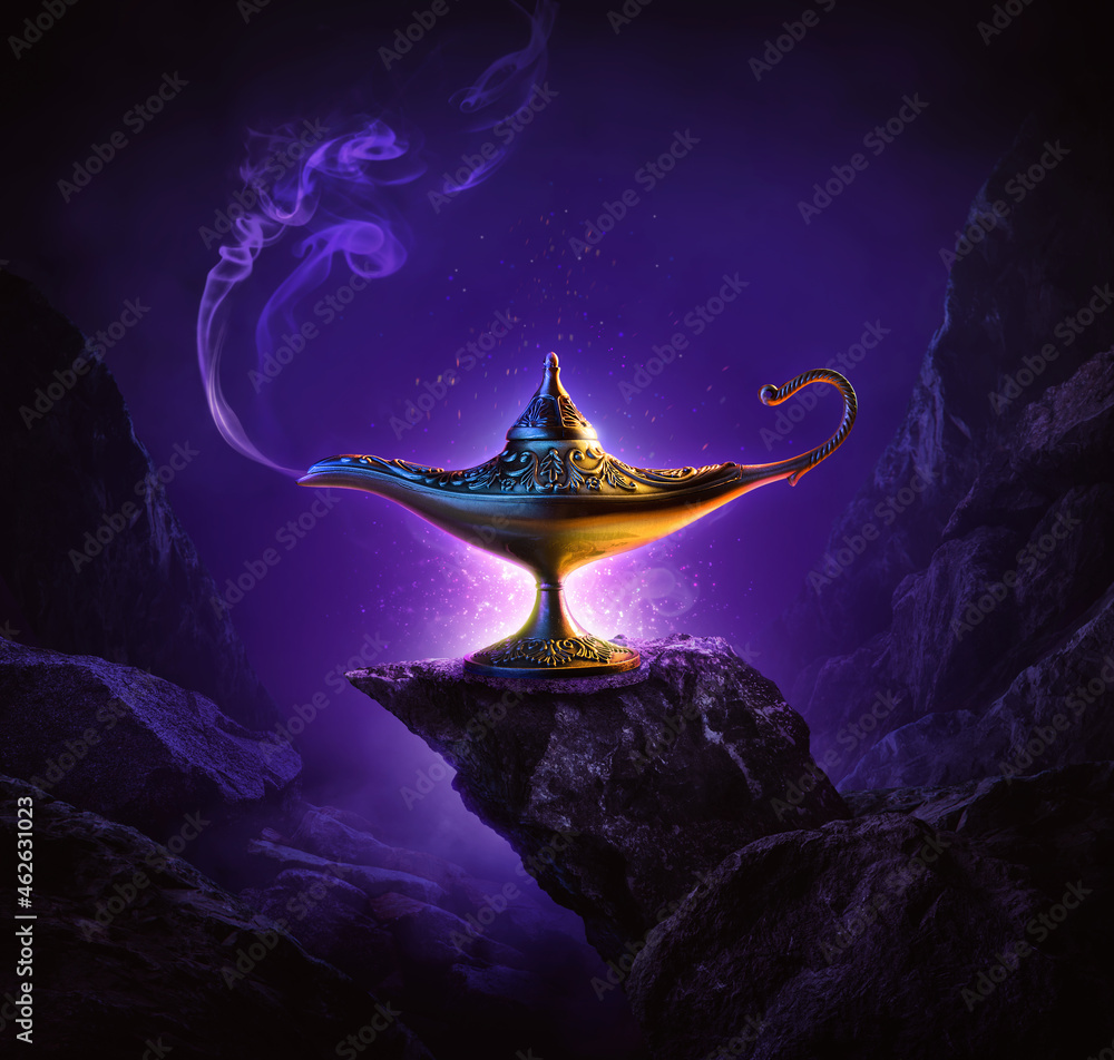 Golden magic lamp on bright and purple background - obrazy, fototapety, plakaty 