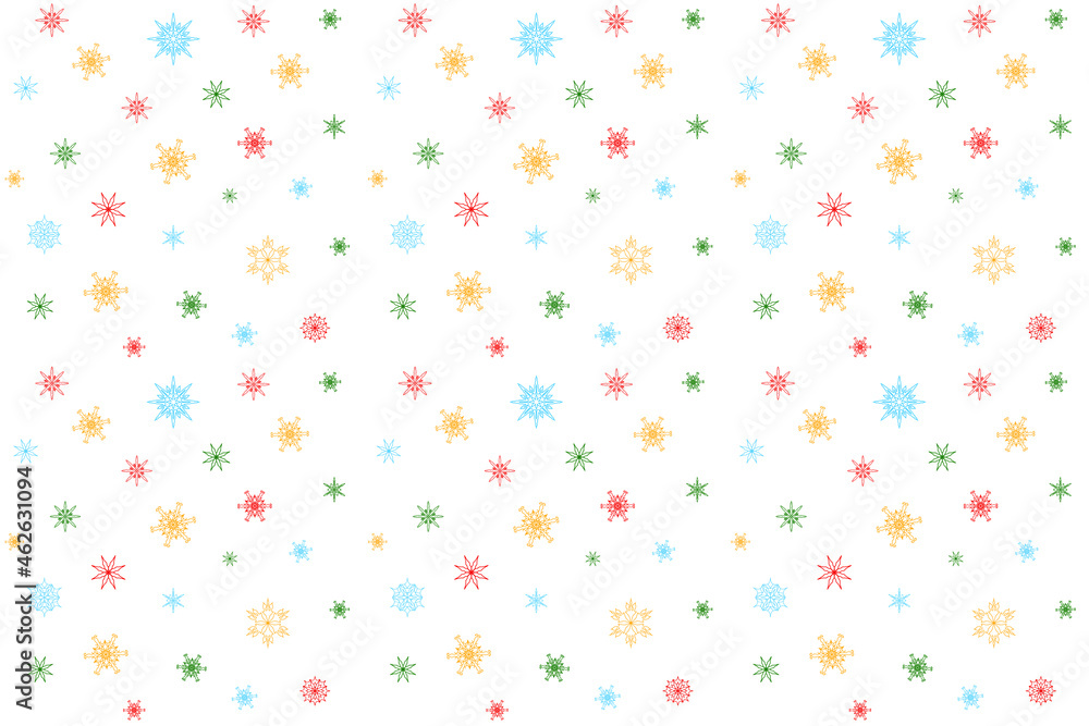 Seamless background with multi-colored snowflakes on white. Christmas or New Year background. Design element. Backdrop for postcards