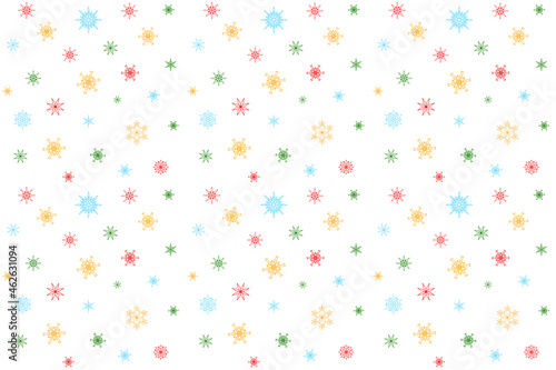 Seamless background with multi-colored snowflakes on white. Christmas or New Year background. Design element. Backdrop for postcards