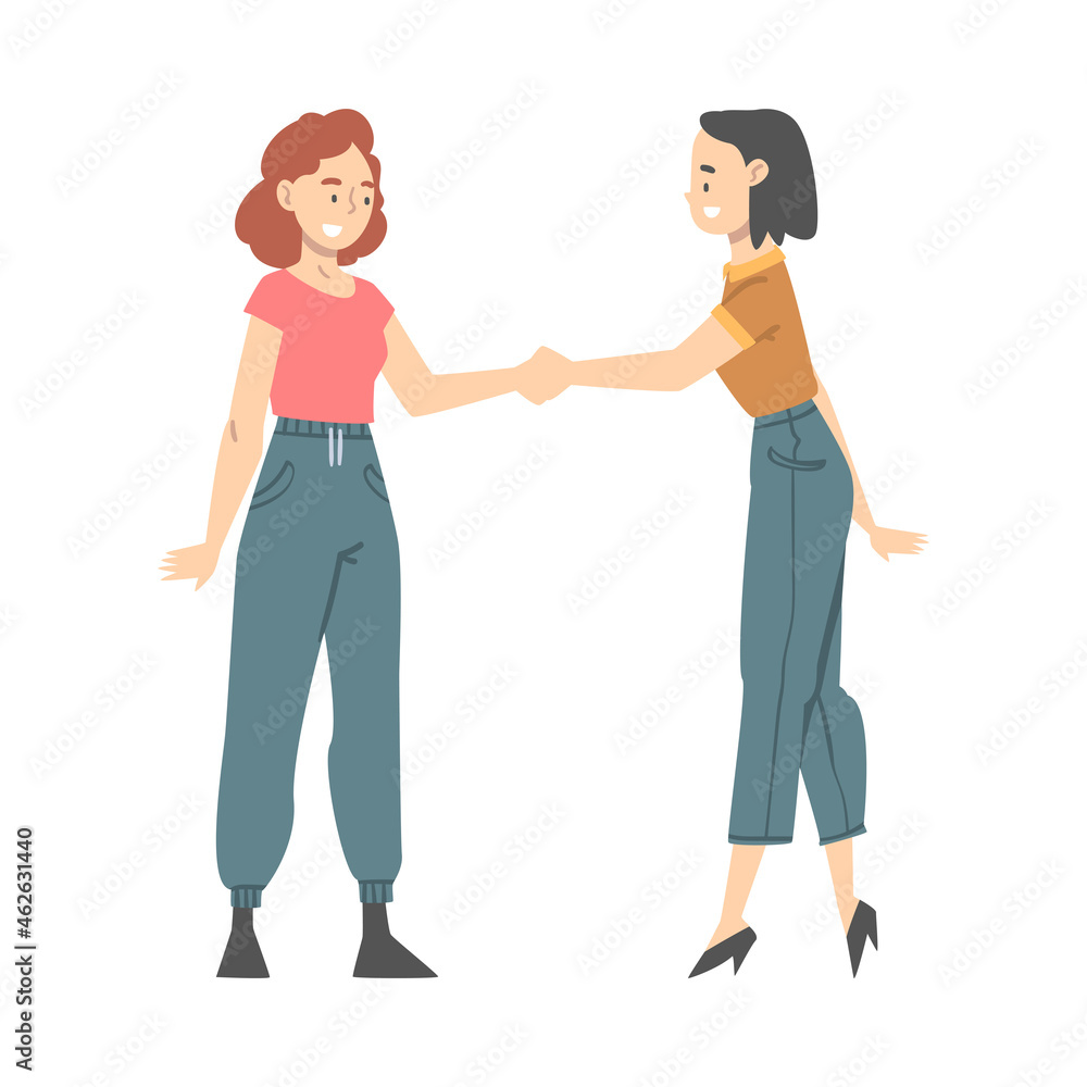 Woman Character Shaking Hand as Brief Greeting or Parting Tradition Vector Illustration Woman Character Shaking Hand as Brief Greeting or Parting Tradition Vector Illustration
