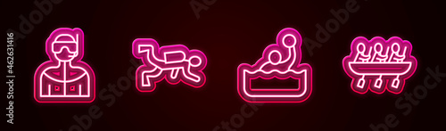 Set line Wetsuit for scuba diving, Scuba diver, Water polo and Canoe rowing team sports. Glowing neon icon. Vector