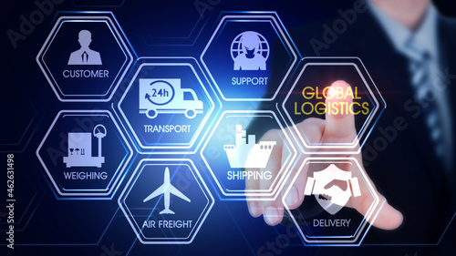 Logistic Concept
Hexagonal virtual Touch Screen Concept with man touching screen with finger and light streak