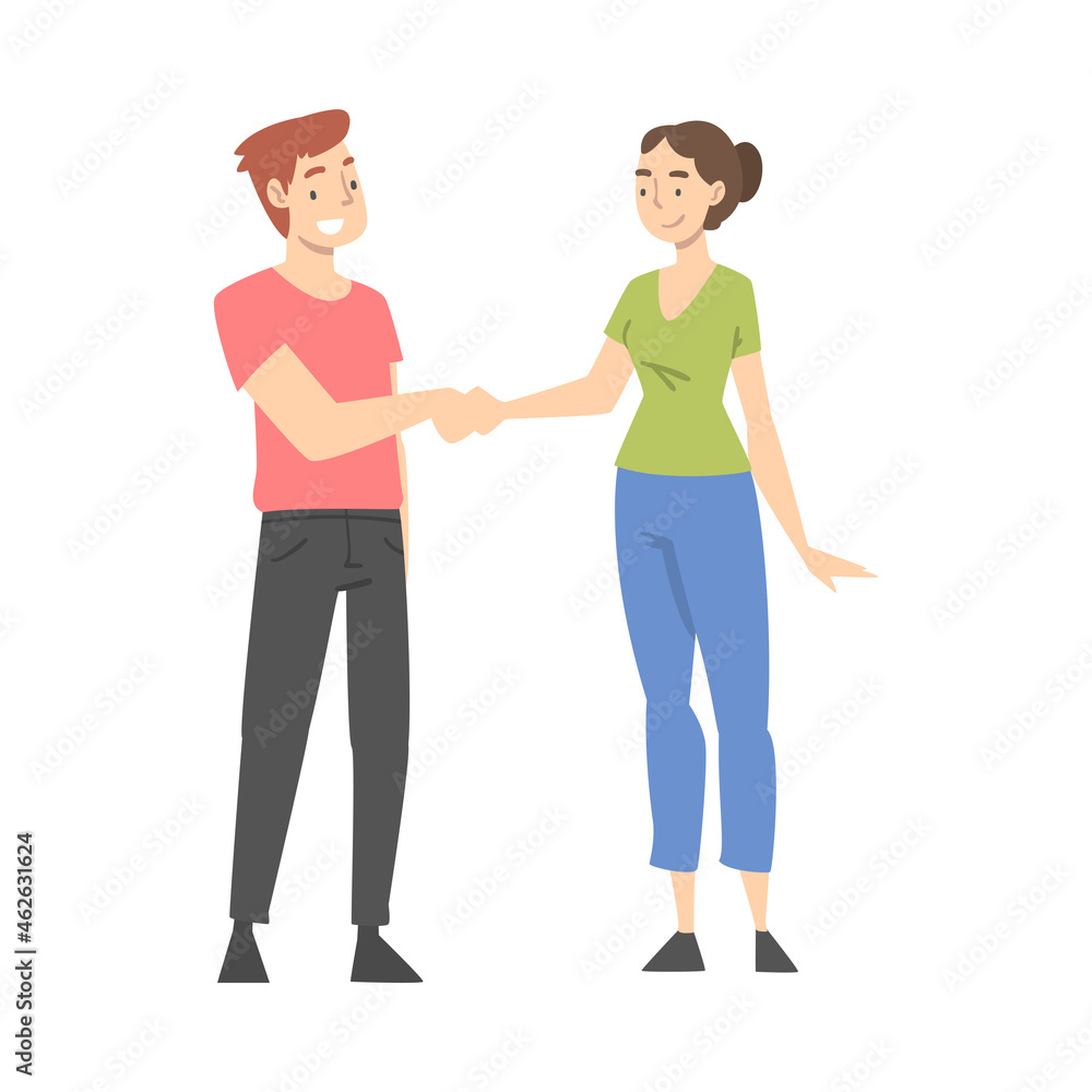 Man and Woman Character Shaking Hand as Brief Greeting or Parting Tradition Vector Illustration Man and Woman Character Shaking Hand as Brief Greeting or Parting Tradition Vector Illustration