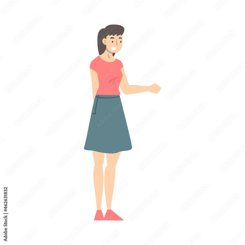 Smiling Woman Shaking Hand as Brief Greeting or Parting Tradition Vector Illustration Smiling Woman Shaking Hand as Brief Greeting or Parting Tradition Vector Illustration