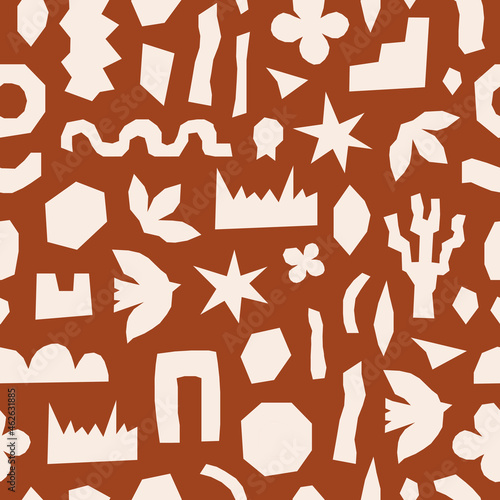 Inspired Matisse seamless pattern with white cutting organic shapes, birds and plants on terracotta background. Modern creative minimal design. Vector illustration	