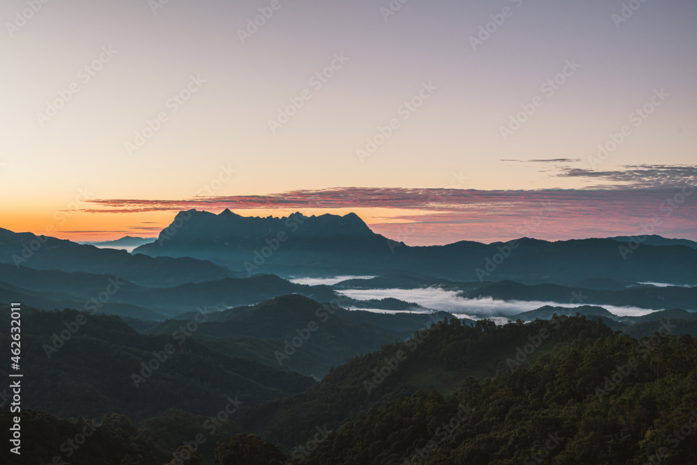Scenery of sunrise on a mountain valley at Doi Luang, Chiang Dao, Chiang Mai, Thailand.