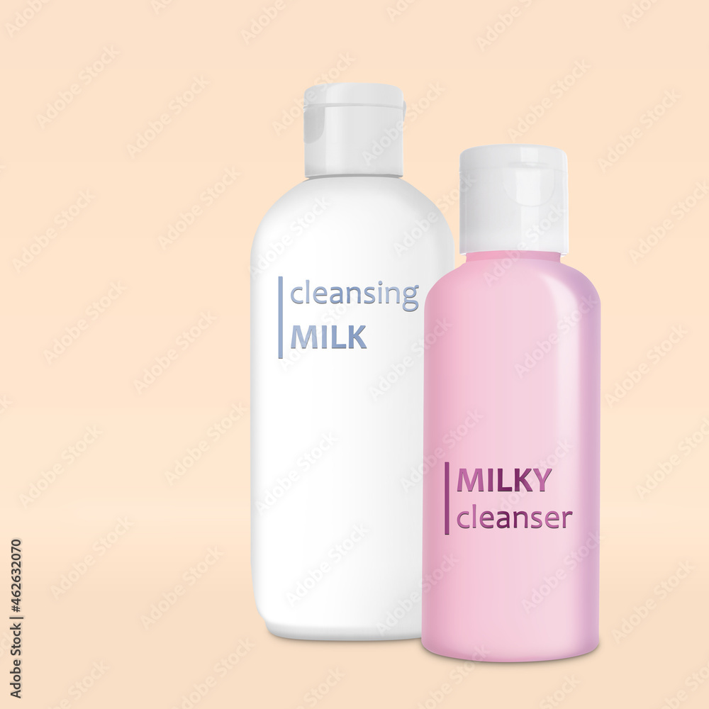 Bottles of milky cleansers on beige background. Makeup remover