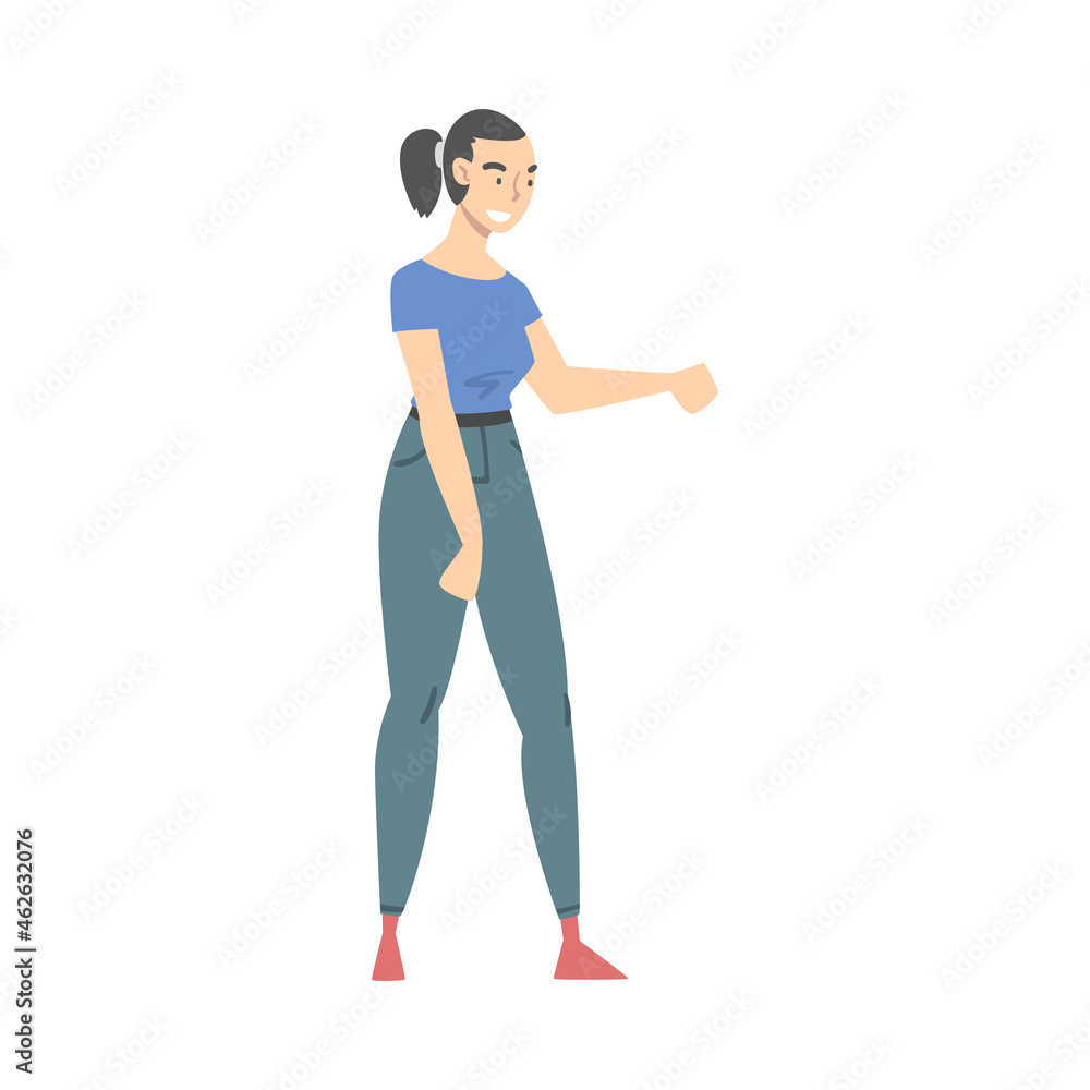 Smiling Woman Shaking Hand as Brief Greeting or Parting Tradition Vector Illustration