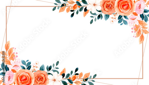 Watercolor orange rose flower frame background