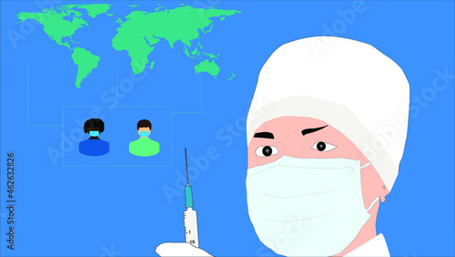 Vaccination chart for covid 19 corona world pandemic epidemic, doctor holding vaccine needle and world map vaccination rates