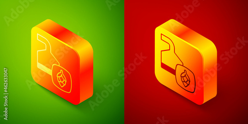Isometric Traditional brewing vessels in brewery icon isolated on green and red background. Beer brewing process. Distillery plant, brewery. Square button. Vector