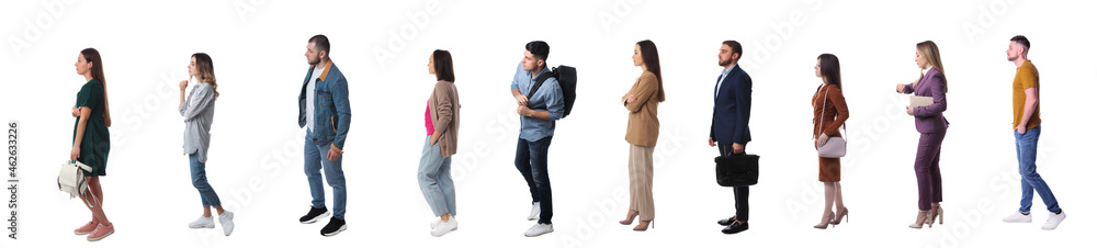 People waiting in queue on white background. Banner design People waiting in queue on white background. Banner design