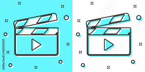 Black line Movie clapper icon isolated on green and white background. Film clapper board. Clapperboard sign. Cinema production or media industry. Random dynamic shapes. Vector