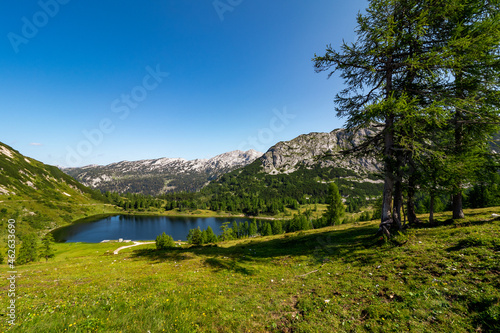 Scenic panoramic view of the Großsee mountain lake, Tauplitzalm plateau, Tauplitz, Ausseer Land, Styria, Austria photo