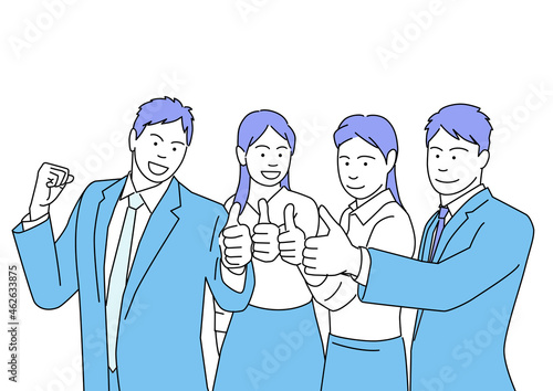 青色のグーポーズをして協力する男女の職場仲間のビジネスマン