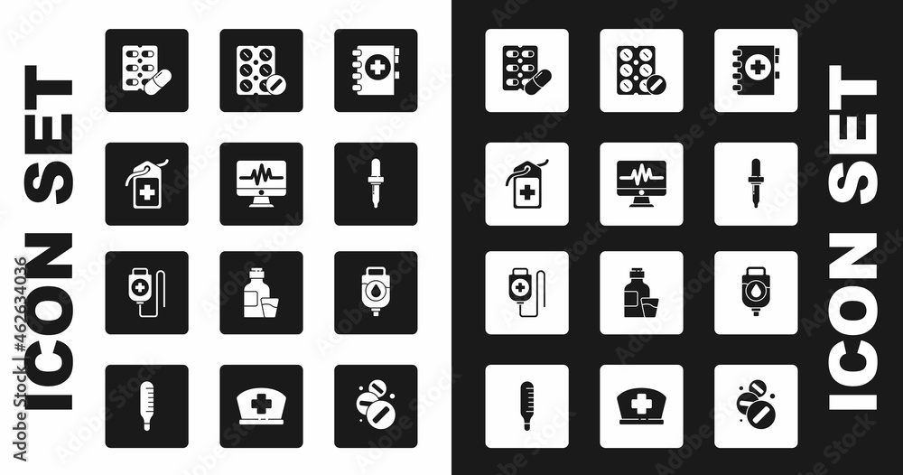 Set Medical clipboard, Monitor with cardiogram, Cross hospital medical tag, Pills in blister pack, Pipette, IV bag and icon. Vector Set Medical clipboard, Monitor with cardiogram, Cross hospital medical tag, Pills in blister pack, Pipette, IV bag and icon. Vector