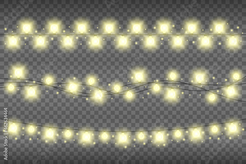 Christmas yellow realistic garland lights on a transparent background. Glowing garland lights decoration with sparkles