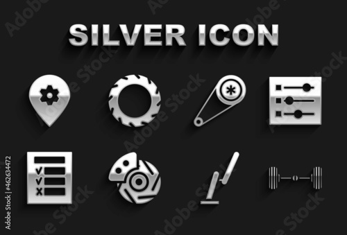 Set Car brake disk with caliper, settings, Chassis car, Windscreen wiper, inspection, Timing belt kit, Location service and tire wheel icon. Vector