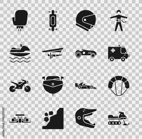 Set Snowmobile, Parachute, Ambulance and emergency car, Helmet, Hang glider, Jet ski, Boxing glove and Vintage sport racing icon. Vector