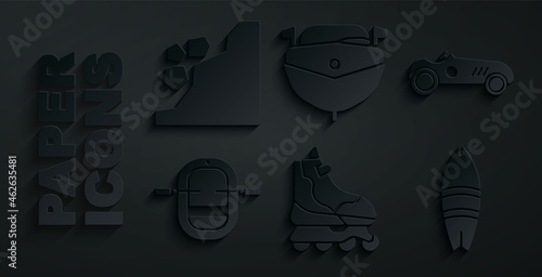 Set Roller skate, Vintage sport racing car, Rafting boat, Surfboard, Speedboat and Landslide icon. Vector