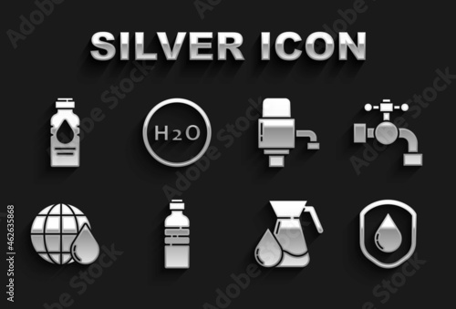 Set Bottle of water, Water tap, Waterproof, Jug glass with, Earth planet in drop, Mechanical pump for, and Chemical formula H2O icon. Vector