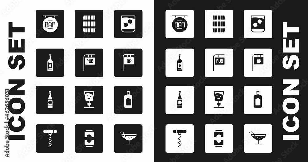 Set Glass of whiskey, Street signboard with Pub, bottle vodka, Bar, Wooden barrel, Whiskey and Beer icon. Vector Set Glass of whiskey, Street signboard with Pub, bottle vodka, Bar, Wooden barrel, Whiskey and Beer icon. Vector
