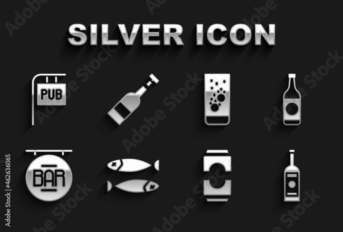 Set Dried fish, Beer bottle, Glass of vodka, can, Street signboard with Bar, Effervescent tablets in water, Pub and Opened wine icon. Vector
